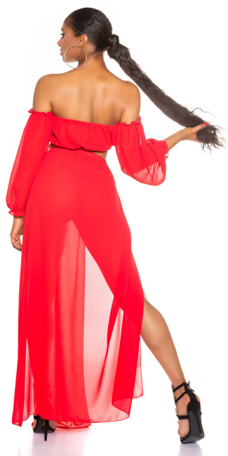 Set-Chifon Maxi Skirt+Off-Shoulder Latina Top Red